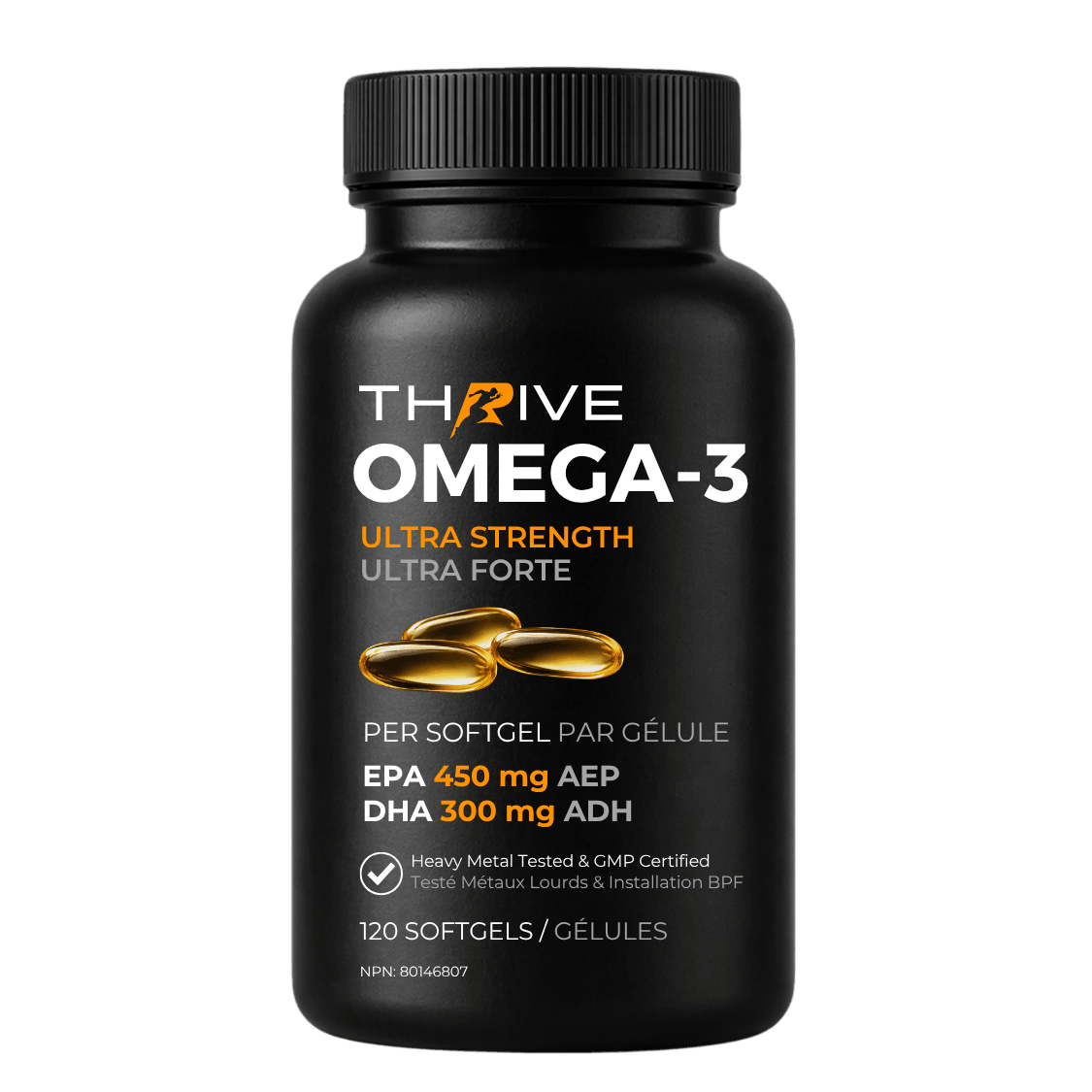 Thrive Omega-3 Ultra Strength fish oil supplement bottle, 120 softgels, 450mg EPA and 300mg DHA, heavy metal tested, made in Canada
