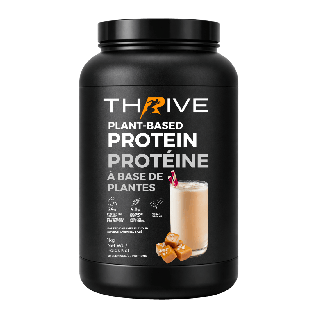 Black container of Thrive plant-based protein powder salted caramel 1 unit