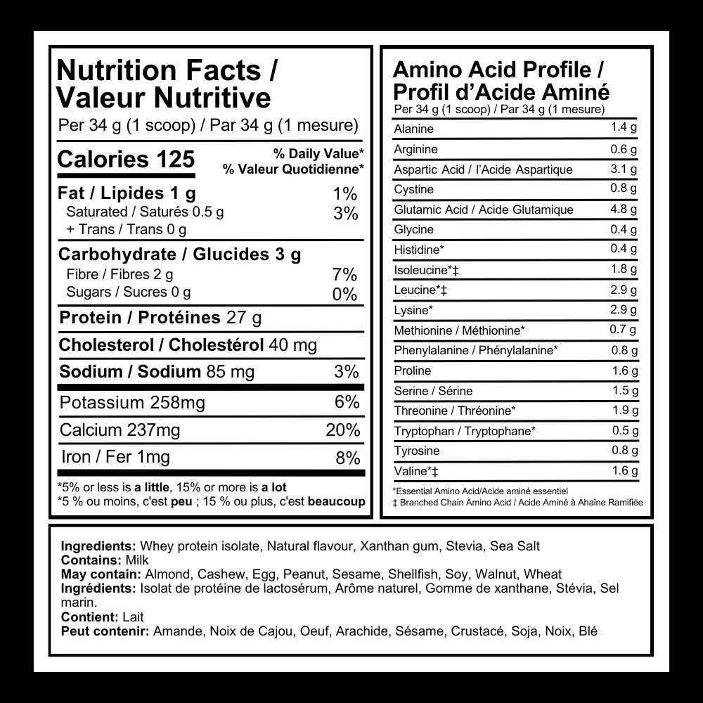 Nutrition facts label with amino acid profile for Thrive Natural Whey Protein Isolate