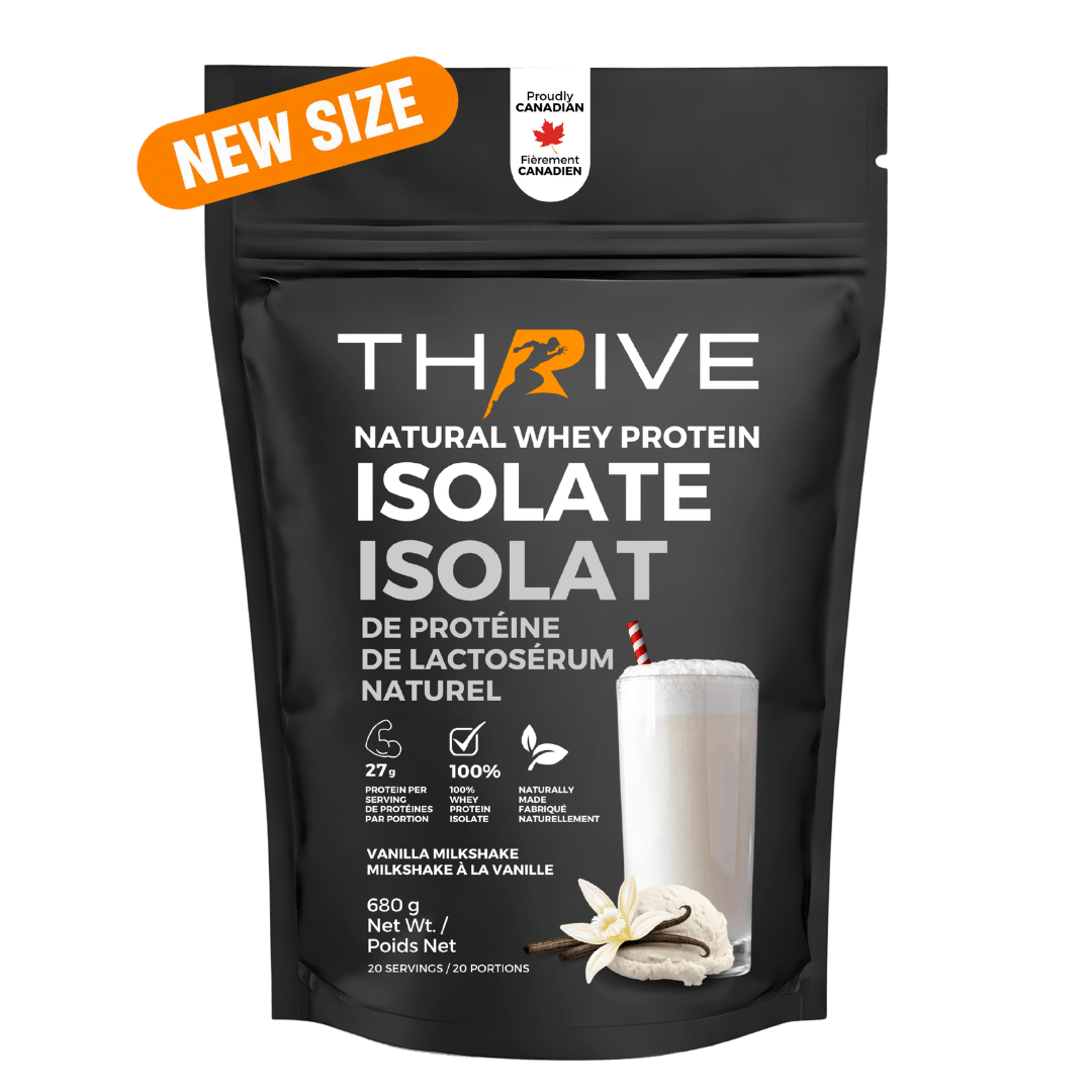 A black stand-up pouch of Thrive Natural Whey Protein Isolate in Vanilla Milkshake flavor, with a bright orange 'NEW SIZE' banner in the top-left corner. The packaging features white text, a graphic of a vanilla flower, and a glass of milkshake on the front, with a Canadian Made badge at the top.