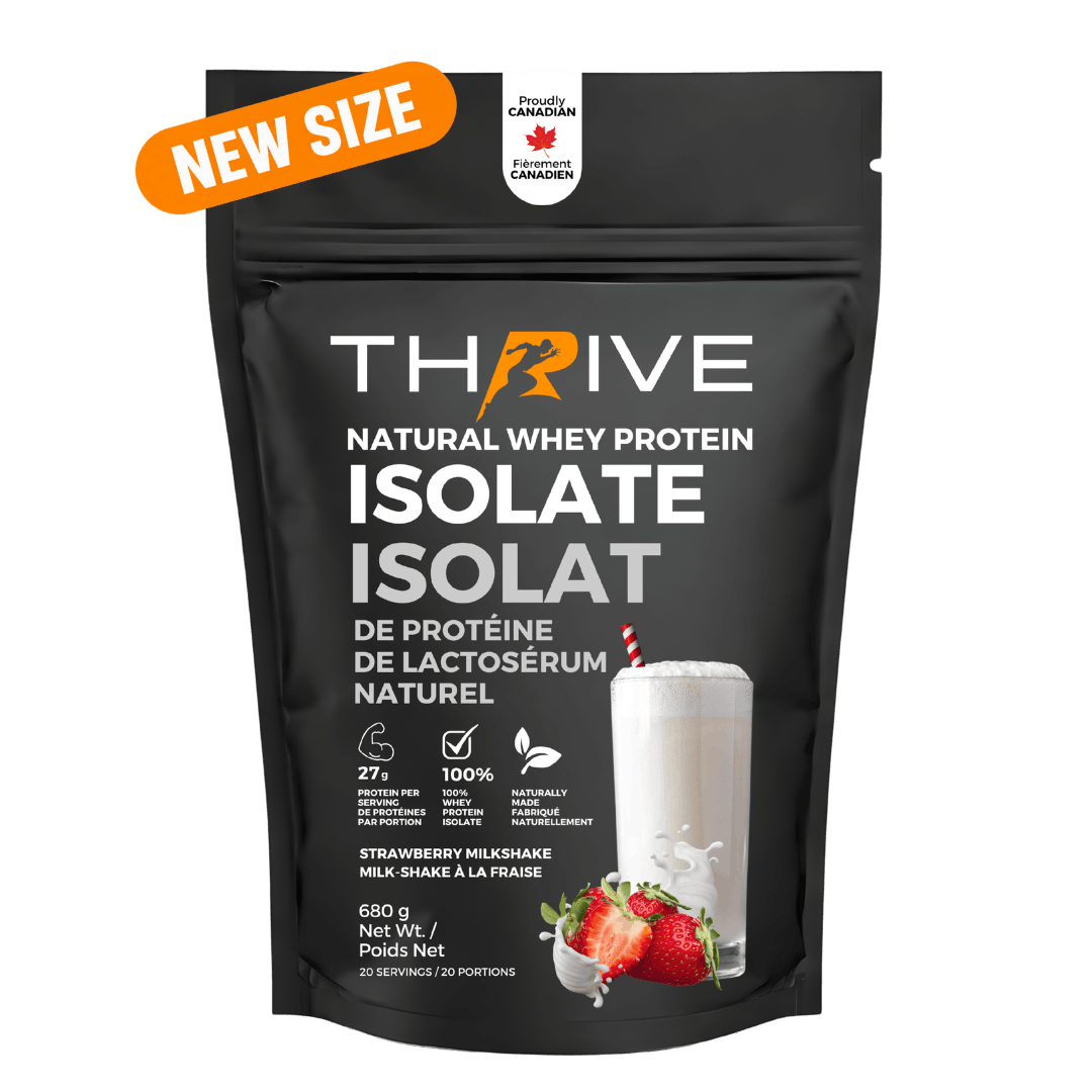 A black stand-up pouch of Thrive Natural Whey Protein Isolate in Strawberry Milkshake flavor, with a bright orange 'NEW SIZE' banner at the top left. The packaging features white text, a graphic of a milkshake with strawberries, and a Canadian seal.