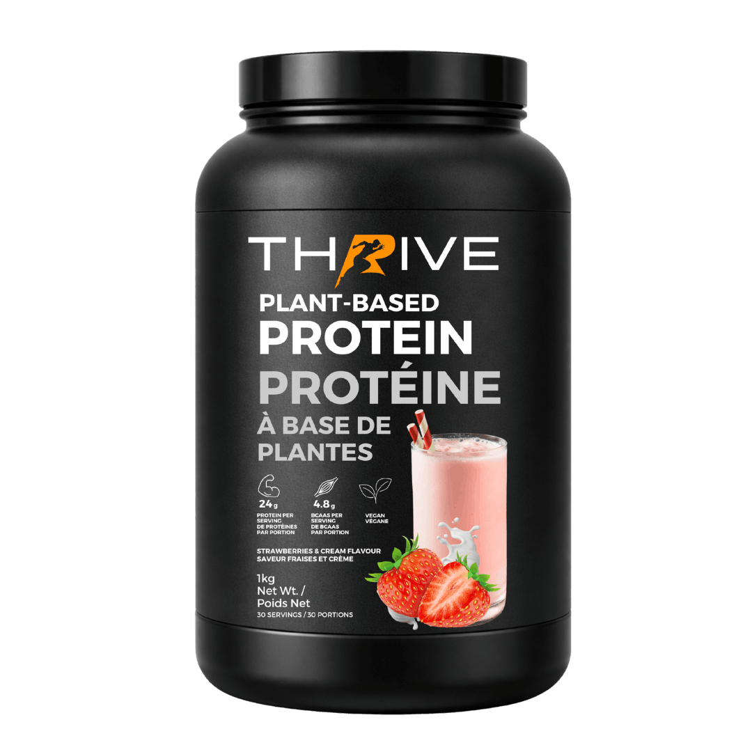 Black container of Thrive plant-based protein powder strawberry 1 unit 