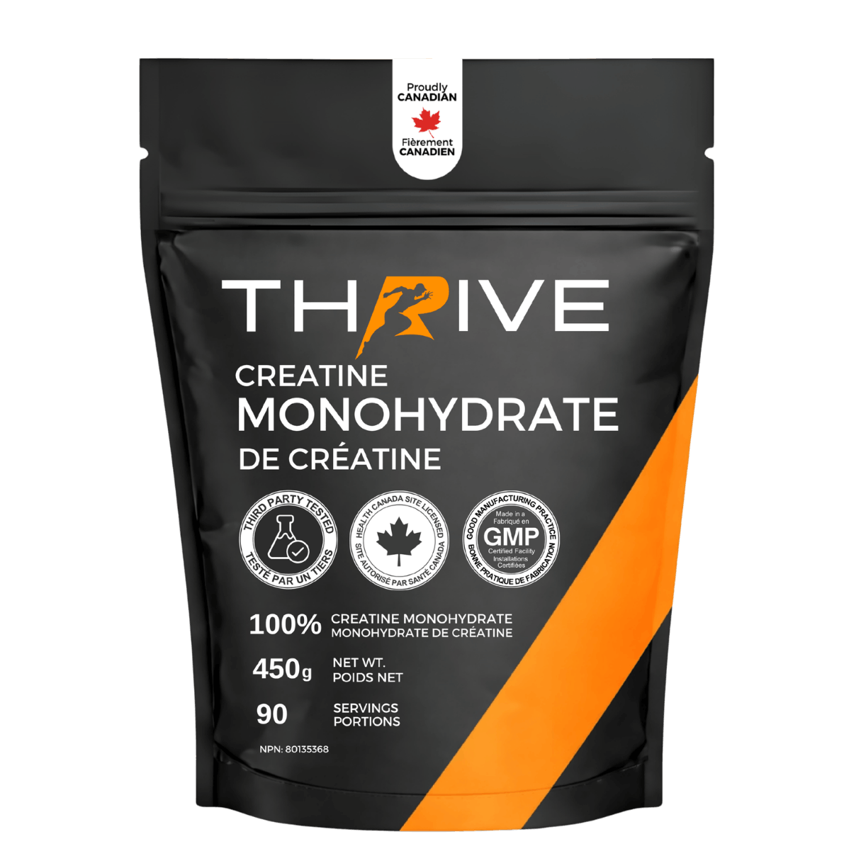 Thrive Creatine Monohydrate packaging with black and orange design (90 servings) made in canada